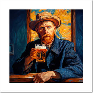 Painter Van Gogh is holding bear in bar with his painting in background Posters and Art